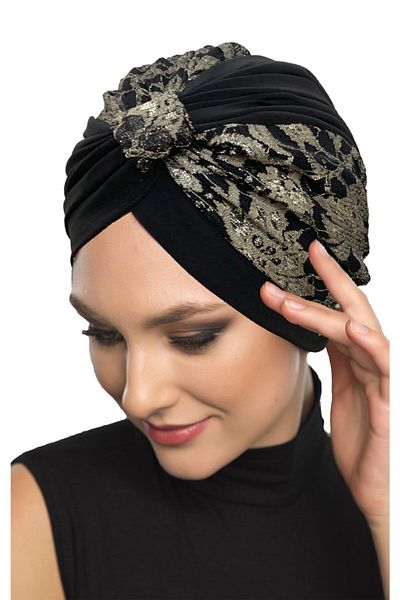 fidan bone Specially Designed Beige on Black Ethnic Patterned Lace Lined Ready-made Hijab Hijab Evening Dress Bonnet