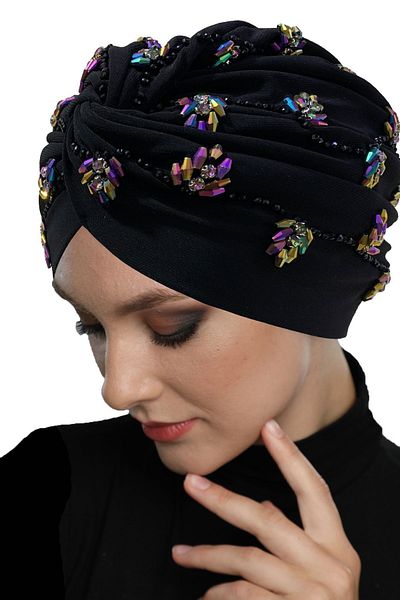fidan bone Shining Hand Embroidered Black-Janjan Ivy Flower Lined Ready-made Hijab Hijab Evening Dress Bonnet