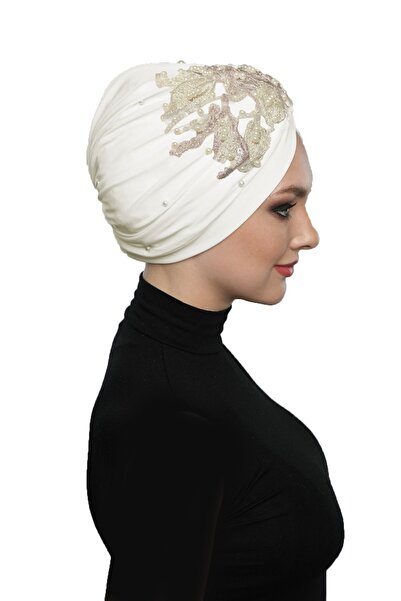 fidan bone Κεντημένη κρέμα με φόδρα με σπαστό - μοτίβο δαντέλας σε σκόνη Ready Turban Hijab βραδινό καπό φορέματος