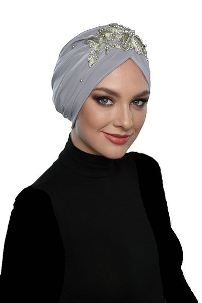 fidan bone Detachable Lining Embroidered Light Gray Yellow Lace Motif Ready-made Hijab Hijab Evening Dress Bonnet