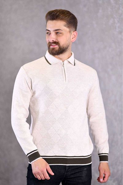 Kamalı Cream Men's Steel Knit Front Textured Shirt Collar Zippered Polo Collar Non-Pilling Knitwear Winter Sweater