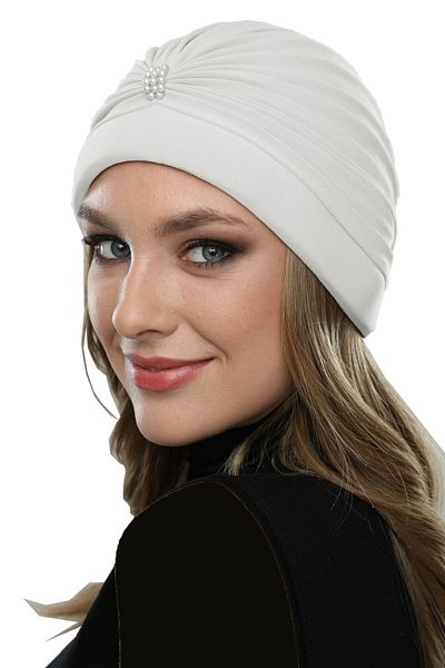 fidan bone Καπό Hijab Turban Ready με Πέρλες - Κρέμα Κεντητό με Πέρλες