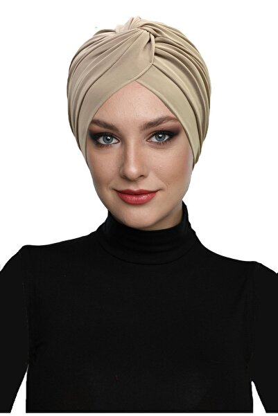 fidan bone Μπεζ έτοιμο τουρμπάνι Hijab με σταυρωτό γάντζο εξωτερικό και καπάκι πισίνας