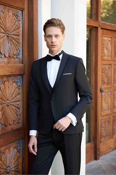 Morven بدلة العريس للرجال باللون الأزرق الداكن من مادة البوليفيسكون Ceromonia Jacquard ذات المقاس النحيف