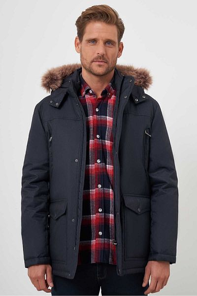 Morven Ανδρικό παλτό με κουκούλα Navy Blue Snap Dynamic Fit Relaxed Cut