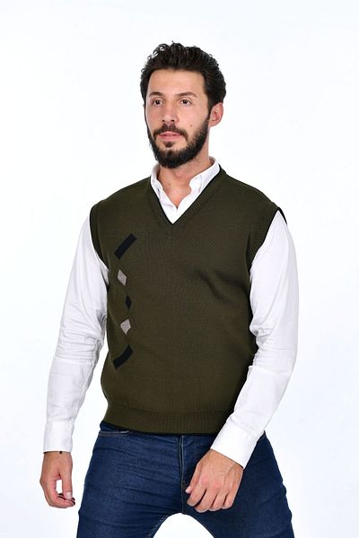 Kamalı Khaki Men's Steel Knit Winter Thick Knitwear V-Neck Knitwear Knit Non-Pilling Jumpers