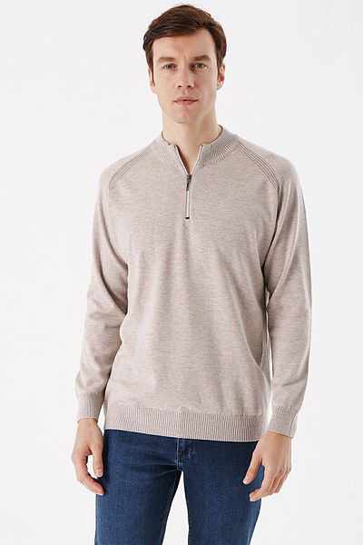 Morven Men's Beige Zippered High Collar Dynamic Fit Patterned Knitwear Sweater