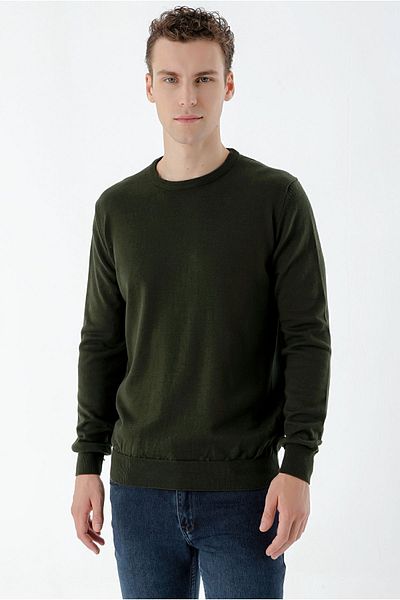 Morven Ανδρικό πλεκτό με άνετο κομμένο χακί Basic Crew Neck Dynamic Fit
