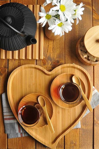 Bundera Bamboo Heart Tray Tea Coffee Presentation Tray Dowry Wooden Bamboo Medium Heart Tray 23 Cm Decorative Wood