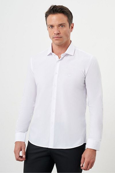 Morven Men's White Basic Plain Pattern Italian Collar Slim Fit Shirt