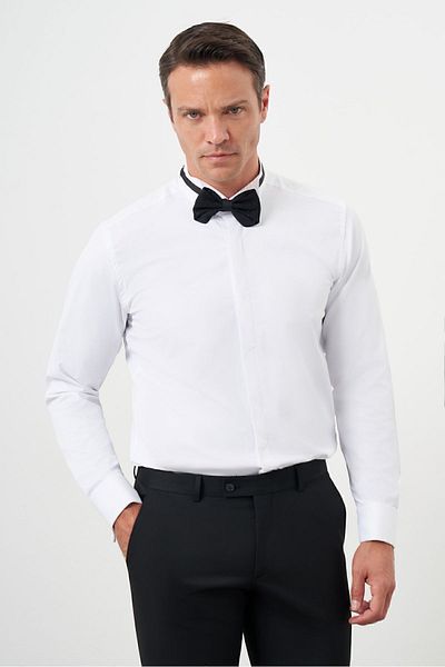 Morven Men's White Cuffed Plain Pattern Atak Collar Slim Fit Shirt