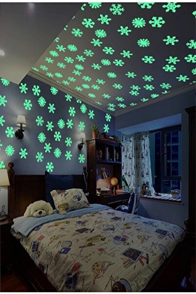 Bundeba 50 Adet Fosforlu Kar Tanesi Gece Parlayan Duvar Tavan Sticker Süs