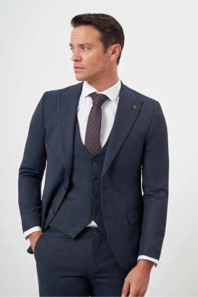 Morven Navy Blue Slim Fit Polyviscon Suit - Vest Patterned, Pointed Collar