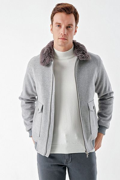 Morven Men's LIGHT GRAY Short Zipper Fur Collar Dynamic Fit Coat