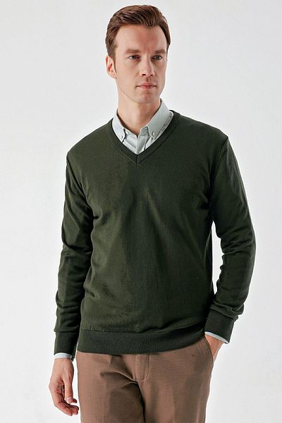 Morven Ανδρικά πλεκτά βασικά χακί με V-Neck Dynamic Fit Comfortable Cut