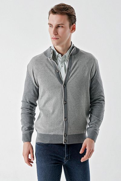 Morven Men's Medium Gray Trend Eyelet Buttoned Knitwear Cardigan