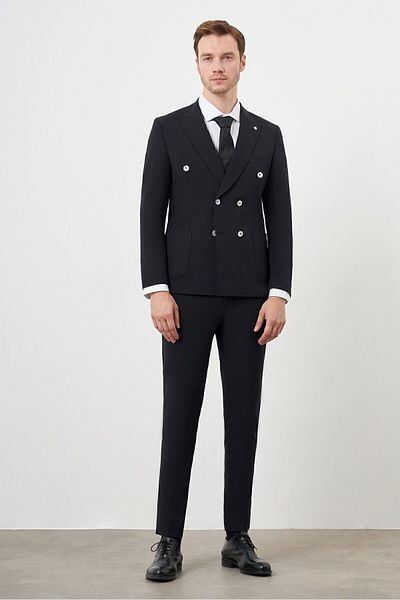 Morven Black Slim Fit Polyamide Double Breasted Suit - Pointed Collar