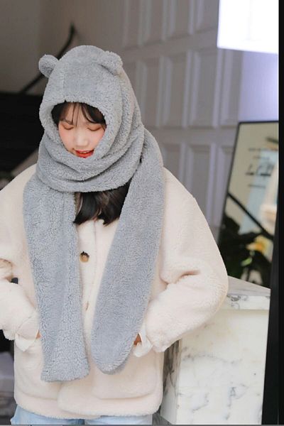 Bundeba Hooded Gray Plush Beanie Scarf Women's Welsoft Fleece Cashew Neck Collar Shawl Windproof Hat with Ears