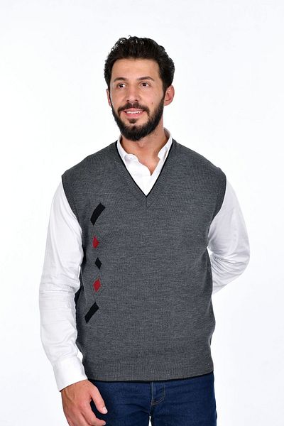 Kamalı Gray Men's Steel Knit Winter Thick Knitwear V-Neck Knitwear Knit Non-Pilling Jumpers
