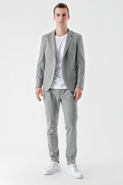 Morven Men's Gray Polyviscon Trend Striped Pattern Slim Fit Mono Collar Suit