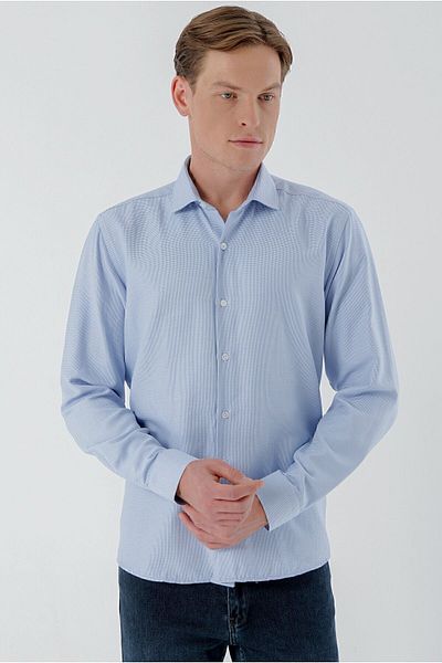 Morven Cămașă pentru bărbați, albastră, cu model, cu guler italian, slim fit