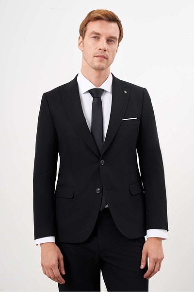 Morven Men's Slim Fit Black Polyviscose - Plain Patterned Pointed Collar Suit