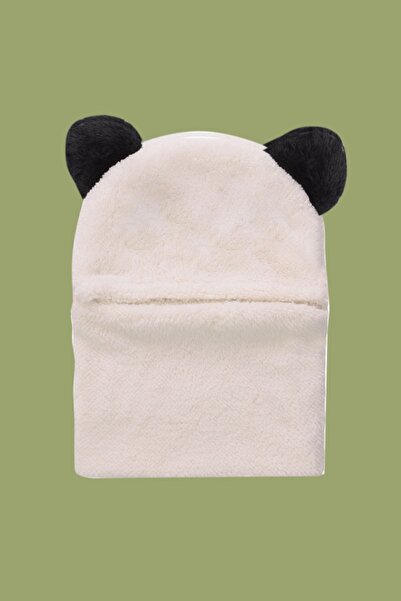 Bundera Panda Çocuk Kapüşonlu Peluş Bere Atkı Welsoft Boyunluk Rüzgar Geçirmez Kulaklı Şapka 10-14 Yaş