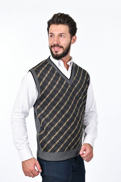 Kamalı Men's Gray Plaid Patterned Thick V-Neck Knitwear Sweater - Non-Pilling Regular Fit