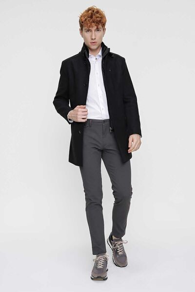 Morven Men's Black Plain Pattern Fur Dynamic Fit Collar Coat