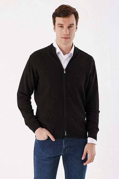 Morven Cardigan negru cu fermoar pentru bărbați, cu model în formă dinamică