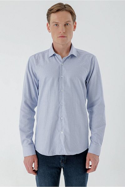 Morven Cămașă pentru bărbați, albastră, cu model, cu guler italian, slim fit