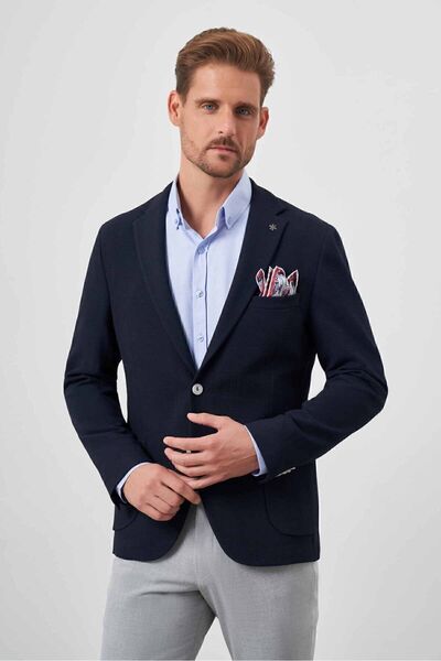 Morven Men's Navy Blue Woven Seersucker Slim Fit Bag Pocket Mono Collar Sports Jacket