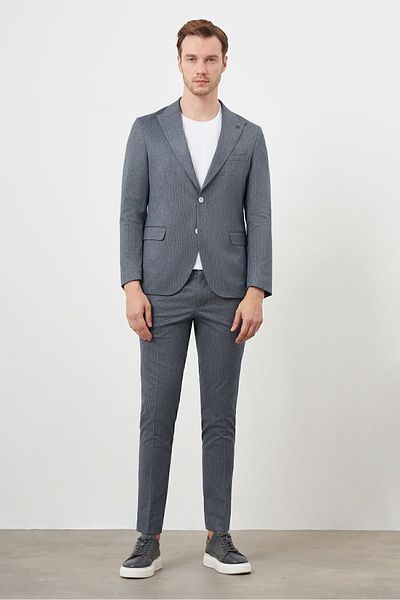 Morven Navy Blue Slim Fit Striped Men's Sports Suit - Mono Collar and Bag Pocket