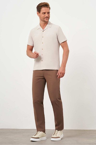 Morven Men's Beige Viscon Apache Collar Regular Fit Short Sleeve Shirt