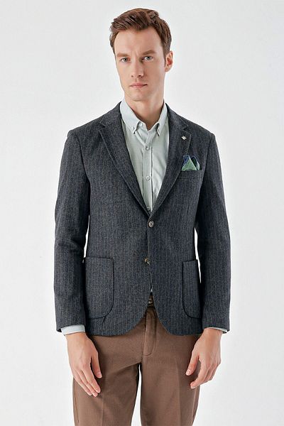 Morven Men's Gray Knitted Slim Fit Bag Pocket Mono Collar Sports Jacket