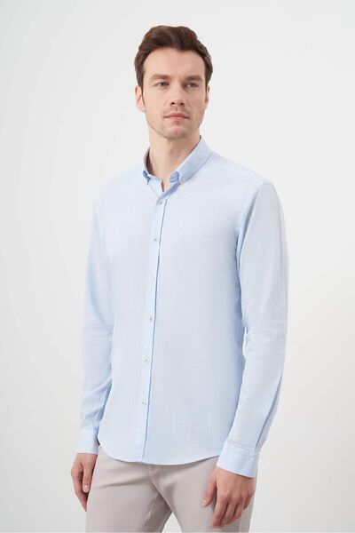 Morven Ανδρικό Α. ΜΠΛΕ Βαμβακερό καρό πουκάμισο με κουμπιά γιακά με λεπτή εφαρμογή