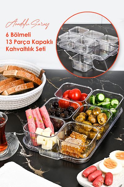 Anadolu Saray 6-Compartment 13-Piece Acrylic Breakfast Set - with Transparent Presentation Tray