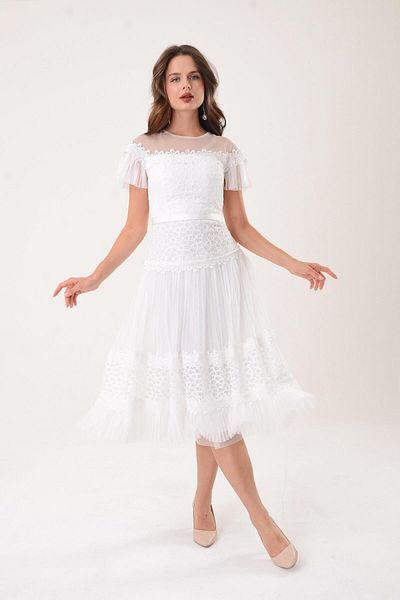 SpringStore Rochie de seară cu mâneci din dantelă ecru