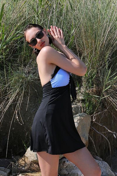 Akbeniz Costum de baie rochie pentru femei din Lycra albastră - cu pantaloni scurți și fundite 37022