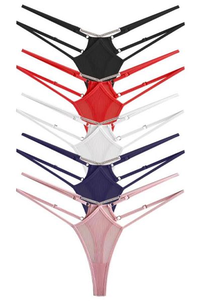 Cottonhill Pack of 5 Transparent Tulle Women's Thong Panties with Stone Detail - Adjustable Elastic