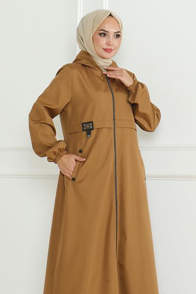 Modamihram Tan 19217 - Embroidered and Zippered Trench Coat