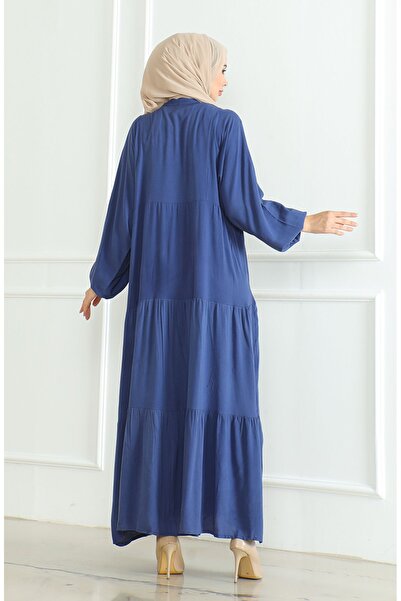 sefamerve Indigo Sleeve Elastic and Buttoned Dress - 0463-09