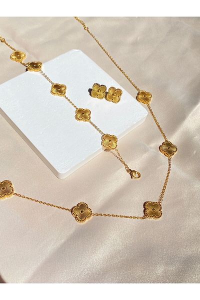 Inure Jewelry Valuablee - Gold Stone Clover Model Women's Steel Set of 3 (Necklace, Bracelet and Earrings)