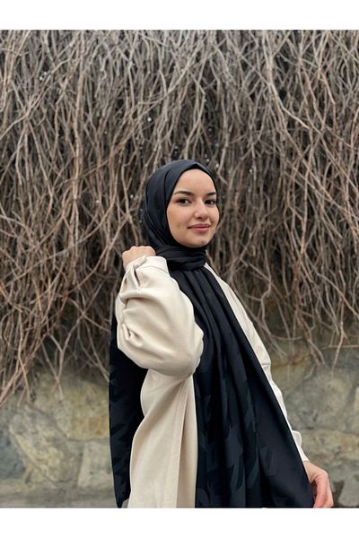shalby Hijab Silky Cotton Jacquard Large Houndstooth Patterned Shawl Black