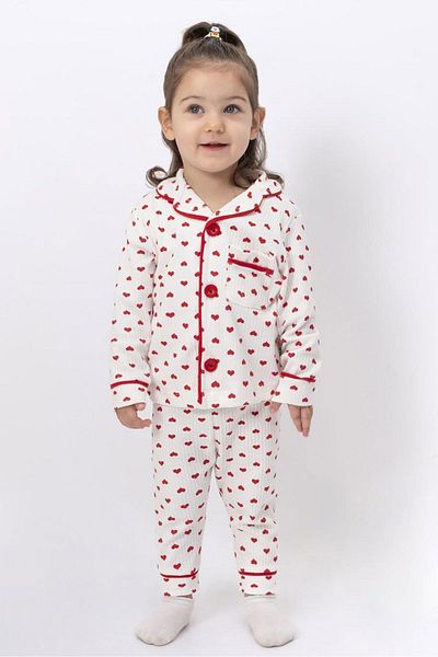 Beniizle 100% Cotton Heart Patterned Pajama Set for Baby Girl - Front Buttoned