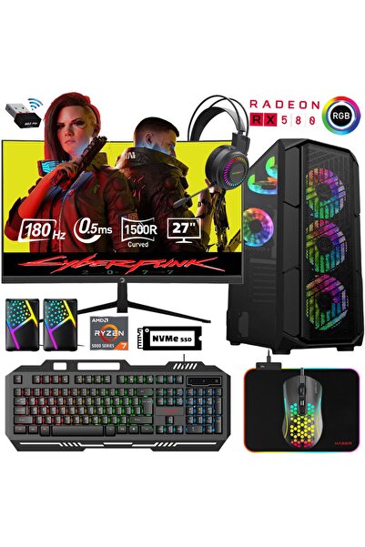 XASER Xsr505 Ryzen 7 5700x 32gb Ram 1tb M.2 Nvme Ssd 8gb Rx580 27"curved 180hz Masaüstü Oyuncu Bilgisayarı
