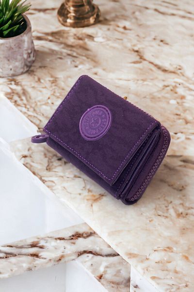 dericom Women's Crinkle Fabric Stylish Purple Wallet Card Holder Accessory with Snap Fasteners and Zipper