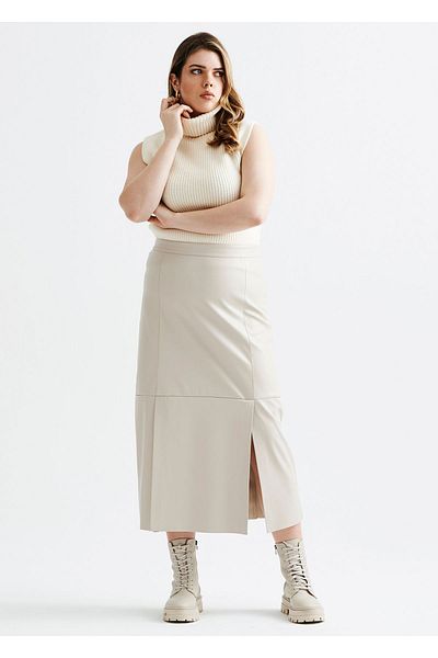 EVEN plus size Ecru Large Size Faux Leather Skirt with Front Slit