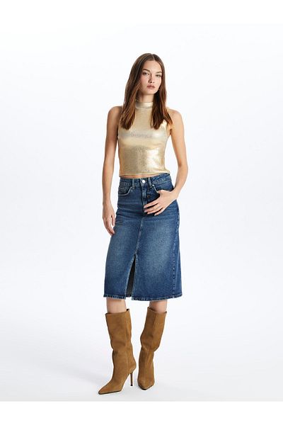 Dexia Fusta de damă albastră cu desfășurare din denim de lungime midi - Cannes Ew3101