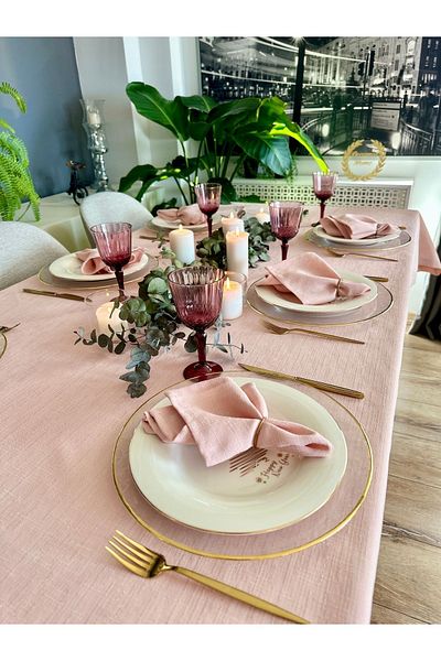 Decamor home Linen Textured Powder Pink Care Free Stain Resistant Tablecloth